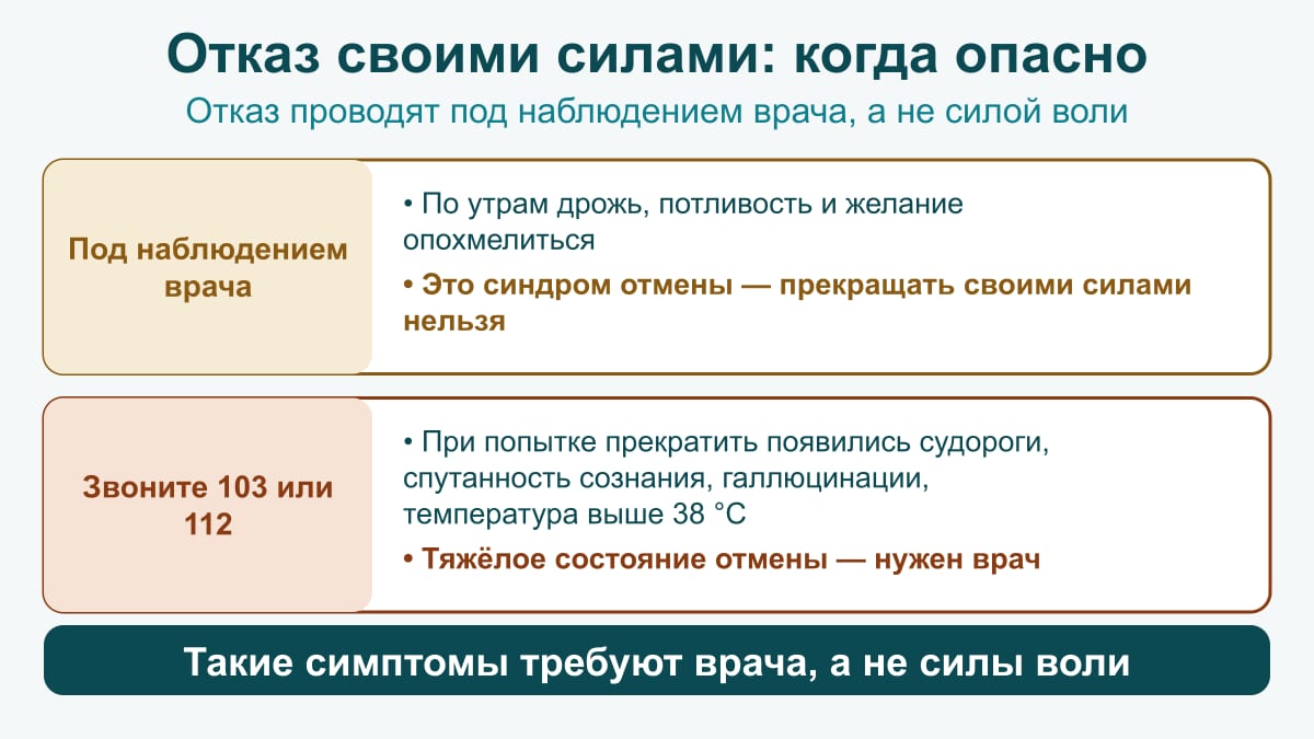 Схема: утренняя дрожь и потливость — отказ под наблюдением врача; судороги, спутанность, галлюцинации, температура выше 38 °C — звоните 103 или 112